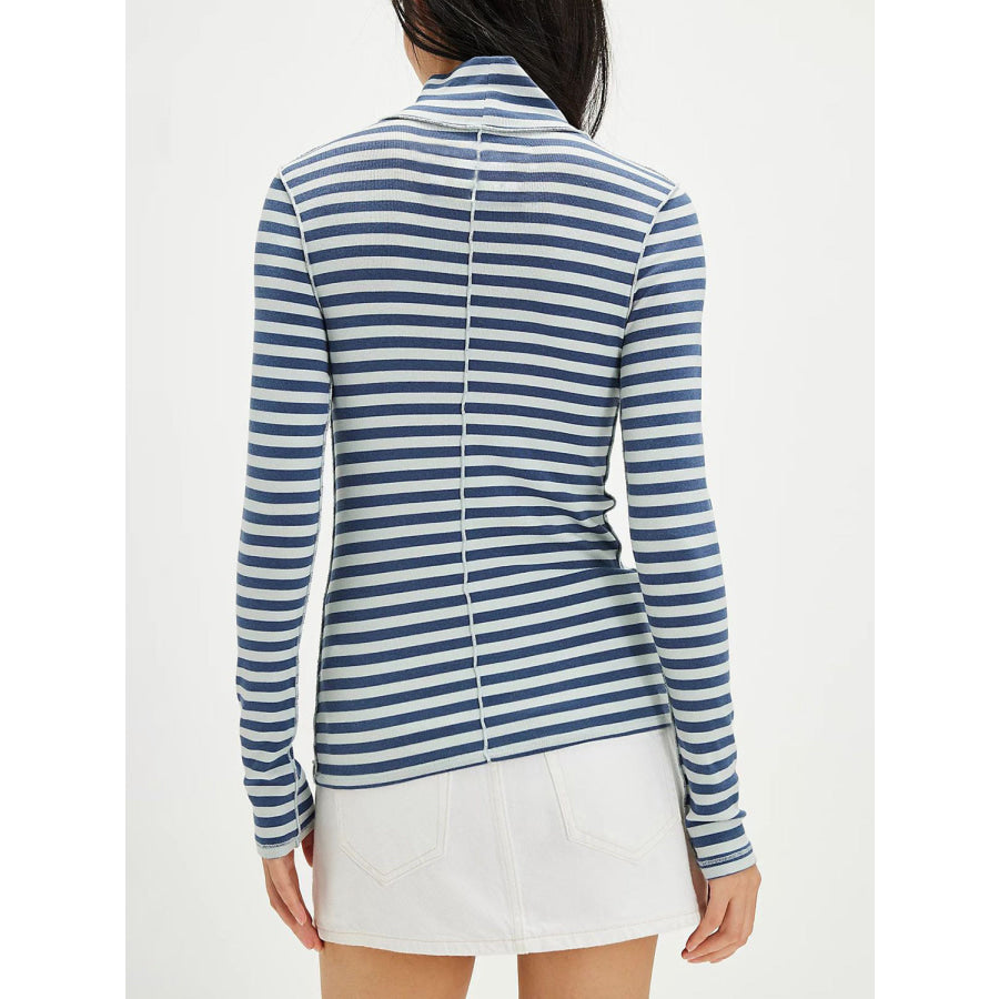 Exposed Seam Striped Turtleneck Long Sleeve T-Shirt Apparel and Accessories