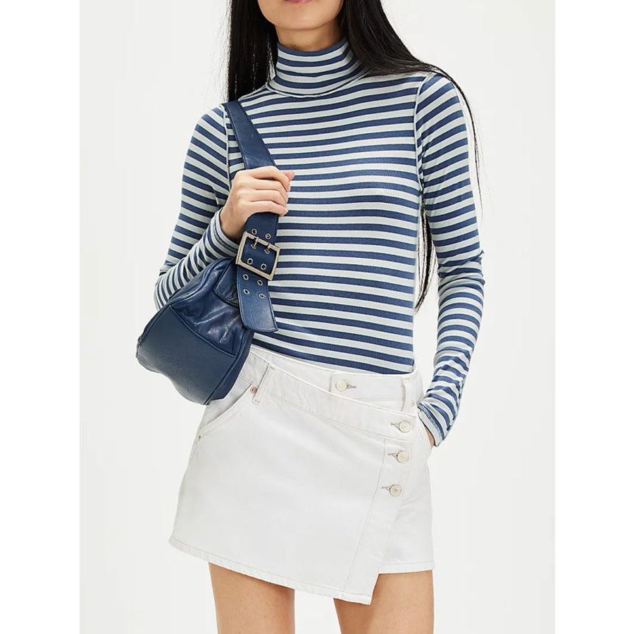 Exposed Seam Striped Turtleneck Long Sleeve T-Shirt Apparel and Accessories