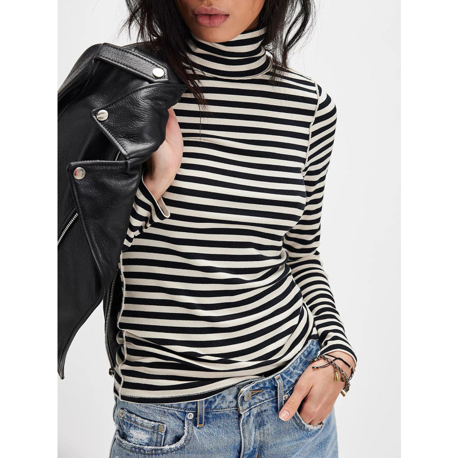 Exposed Seam Striped Turtleneck Long Sleeve T-Shirt Black/white / S Apparel and Accessories