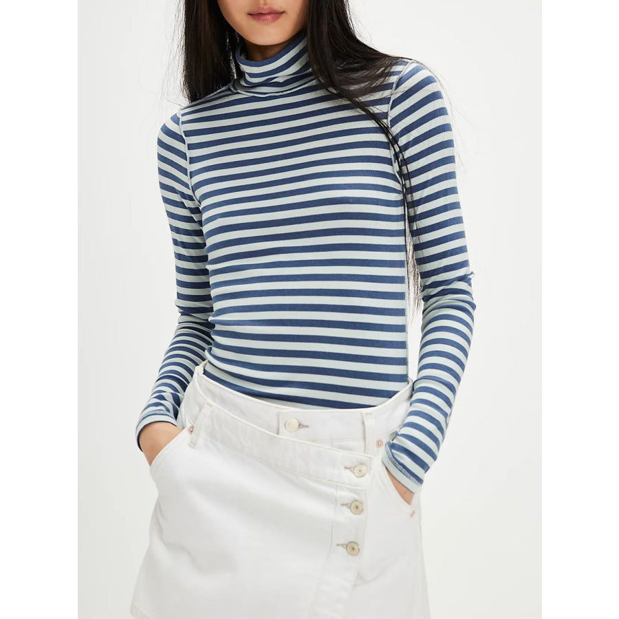 Exposed Seam Striped Turtleneck Long Sleeve T-Shirt Blue/white / S Apparel and Accessories