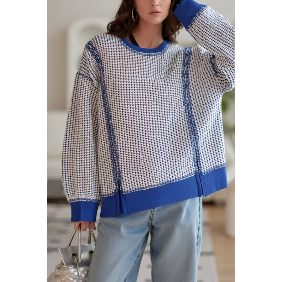 Exposed Seam Textured Crew Neck Sweatshirt Royal Blue / S Apparel and Accessories