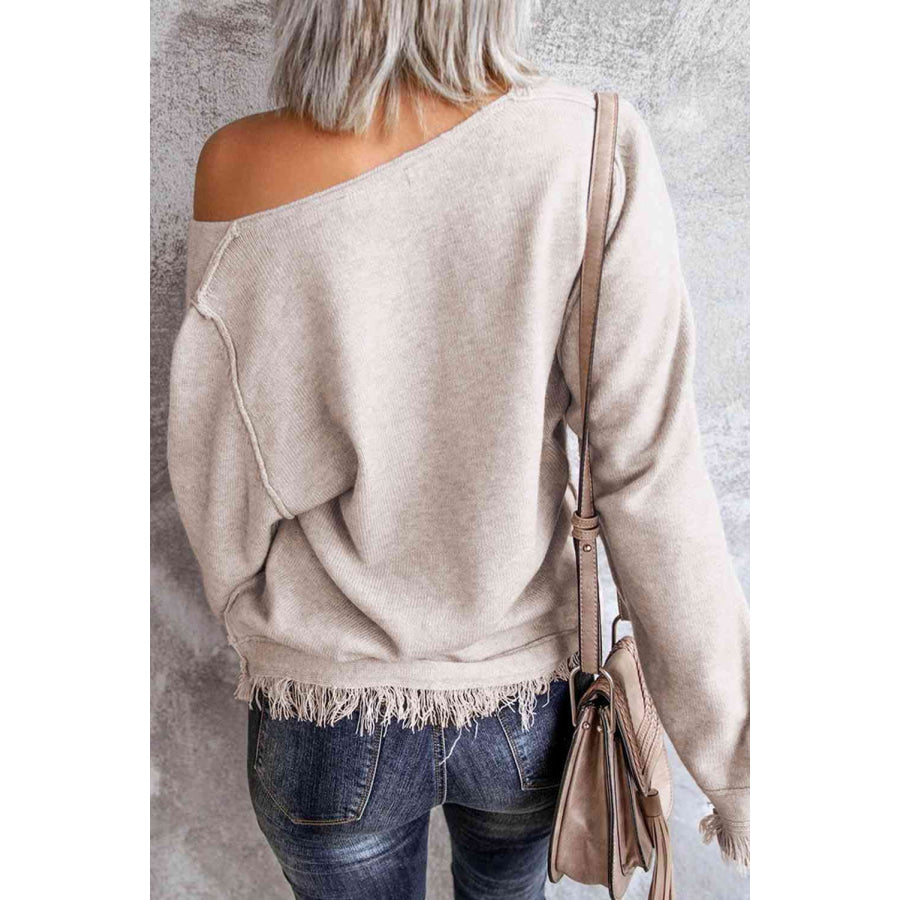 Exposed Seam V - Neck Fringe Hem Knit Top Oatmeal / S Apparel and Accessories