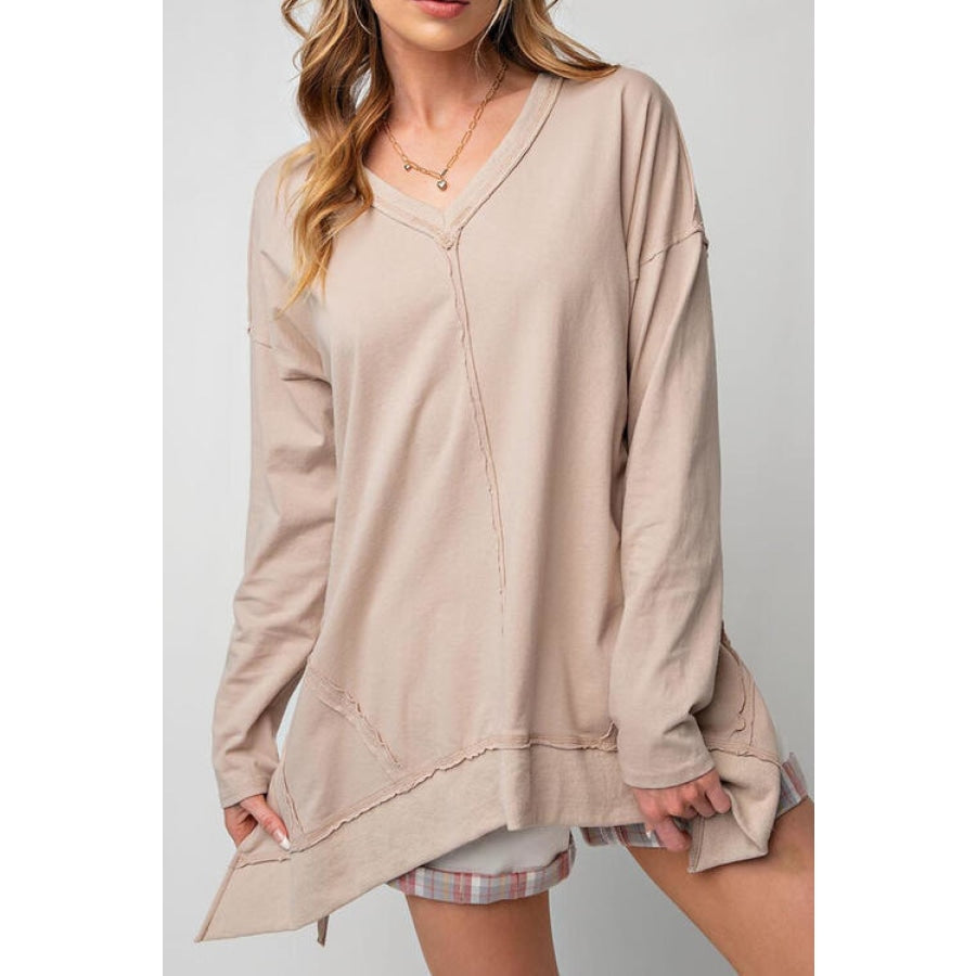 Exposed Seam V-Neck Long Sleeve Slit Sweatshirt Dust Storm / S Women’s Fashion Clothing