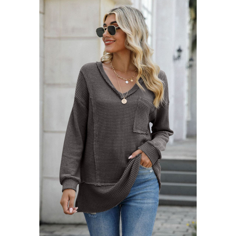 Exposed Seam V-Neck Long Sleeve T-Shirt Apparel and Accessories