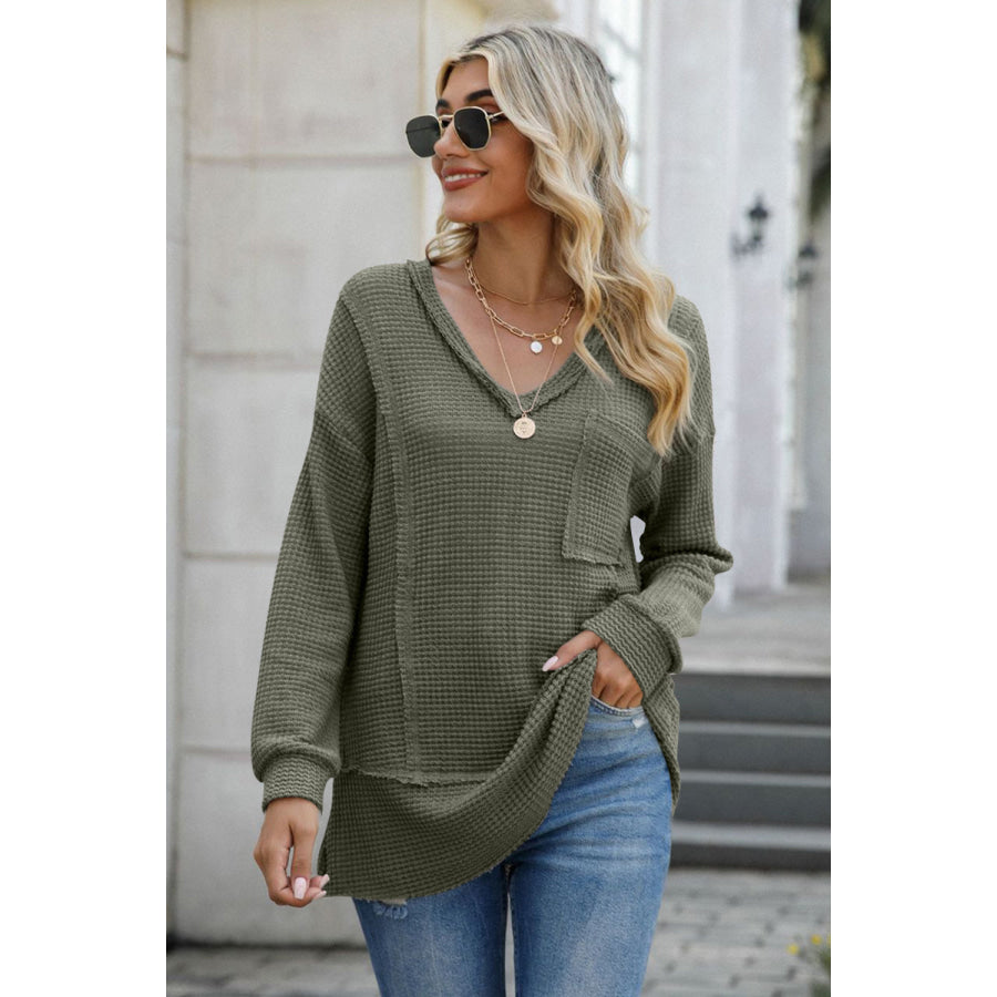 Exposed Seam V-Neck Long Sleeve T-Shirt Apparel and Accessories