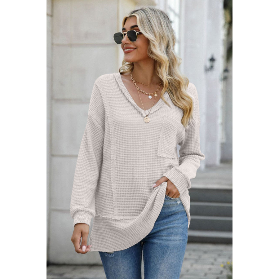 Exposed Seam V-Neck Long Sleeve T-Shirt Apparel and Accessories