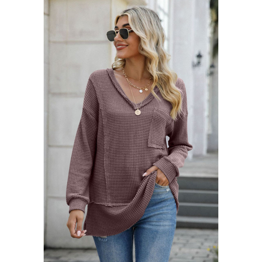 Exposed Seam V-Neck Long Sleeve T-Shirt Apparel and Accessories