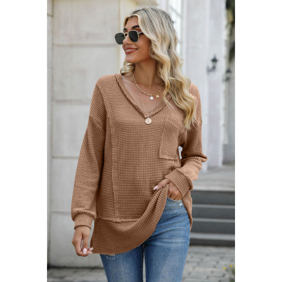 Exposed Seam V-Neck Long Sleeve T-Shirt Apparel and Accessories