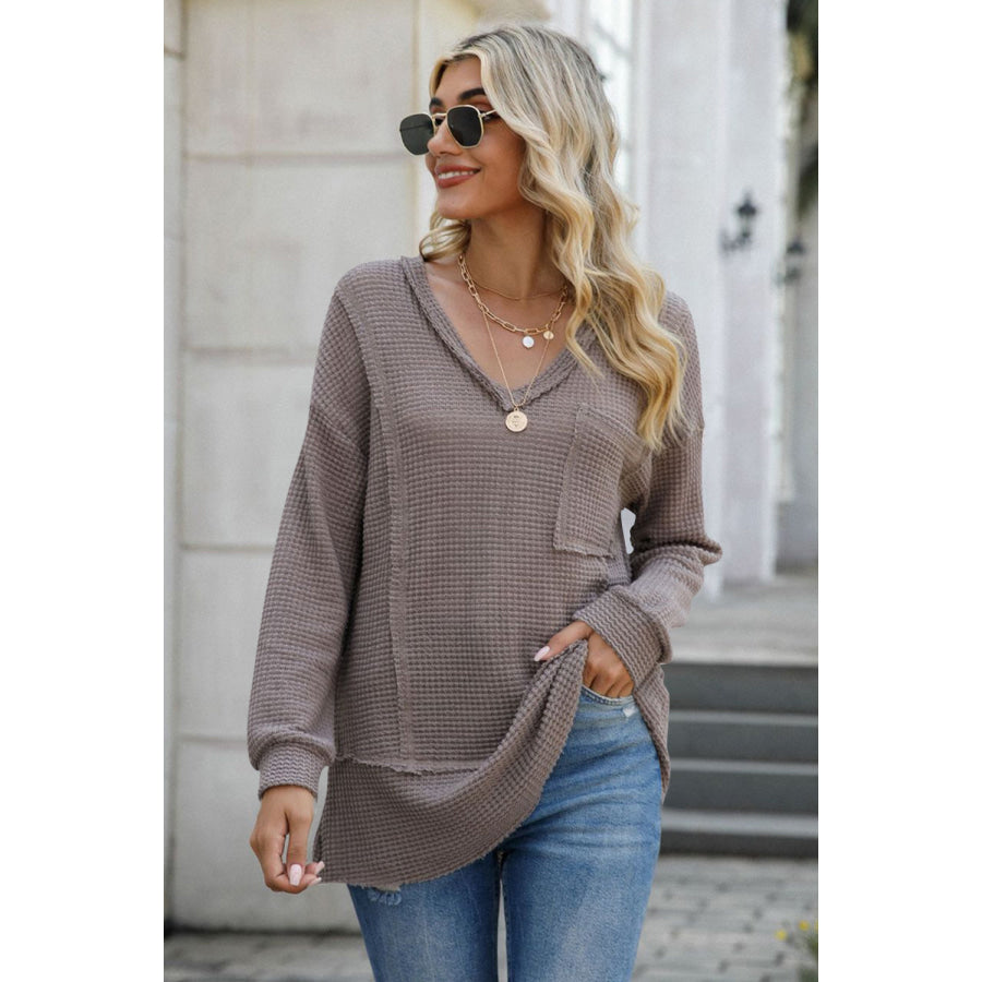 Exposed Seam V-Neck Long Sleeve T-Shirt Apparel and Accessories