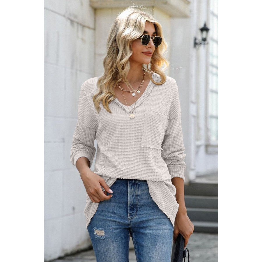 Exposed Seam V-Neck Long Sleeve T-Shirt Beige / S Apparel and Accessories