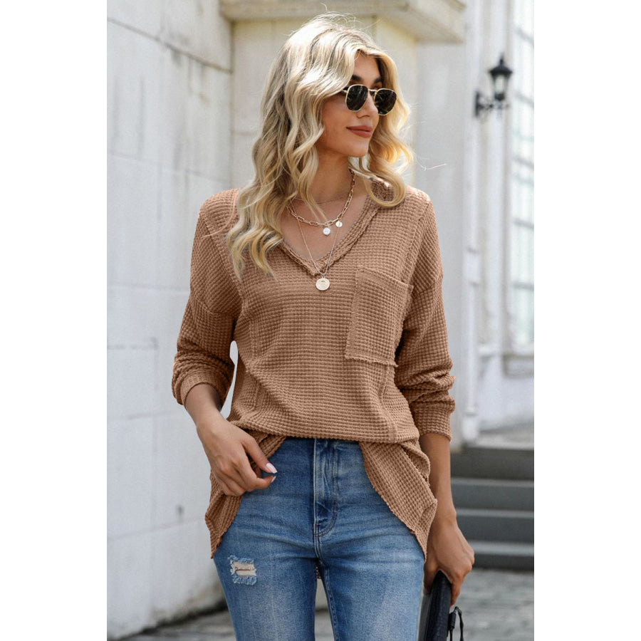 Exposed Seam V-Neck Long Sleeve T-Shirt Camel / S Apparel and Accessories