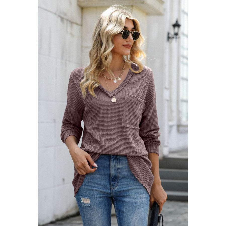 Exposed Seam V-Neck Long Sleeve T-Shirt Mauve / S Apparel and Accessories