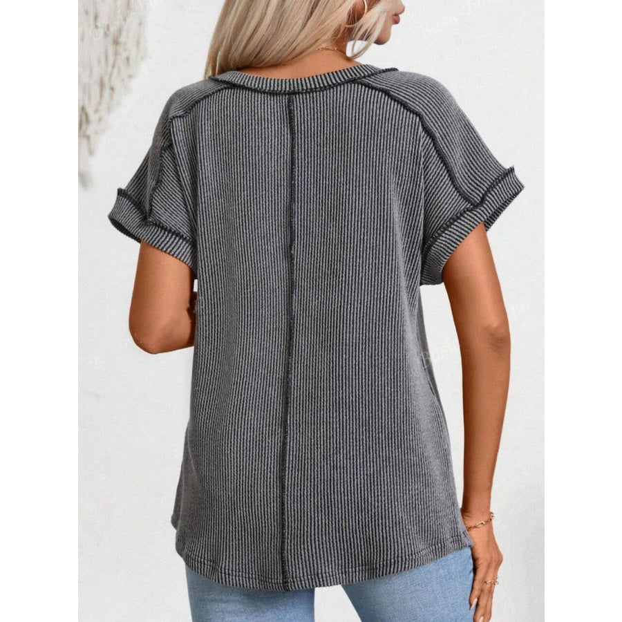 Exposed Seam V-Neck Short Sleeve Top Apparel and Accessories