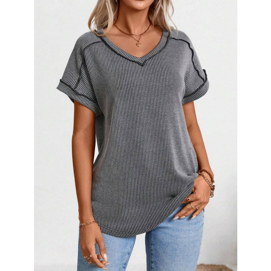 Exposed Seam V-Neck Short Sleeve Top Apparel and Accessories