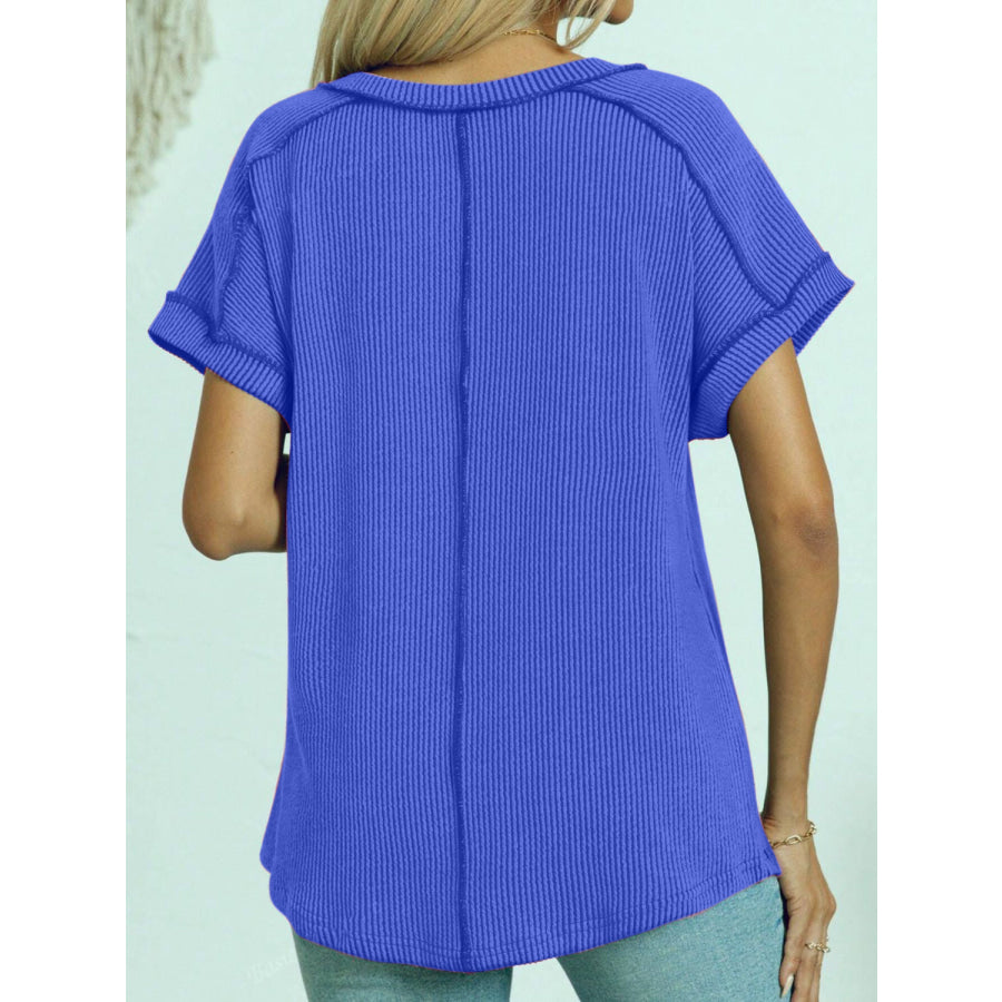 Exposed Seam V-Neck Short Sleeve Top Apparel and Accessories