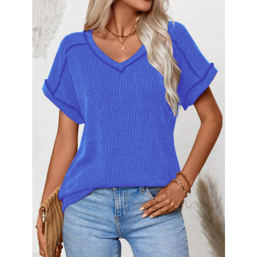 Exposed Seam V-Neck Short Sleeve Top Apparel and Accessories