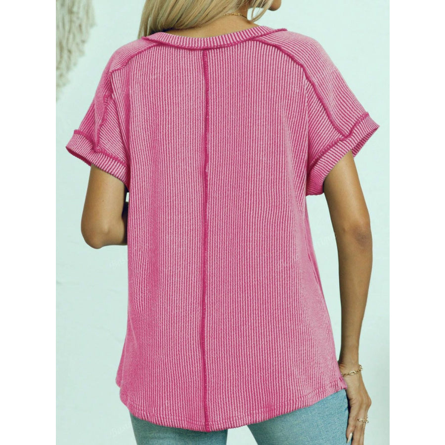 Exposed Seam V-Neck Short Sleeve Top Apparel and Accessories