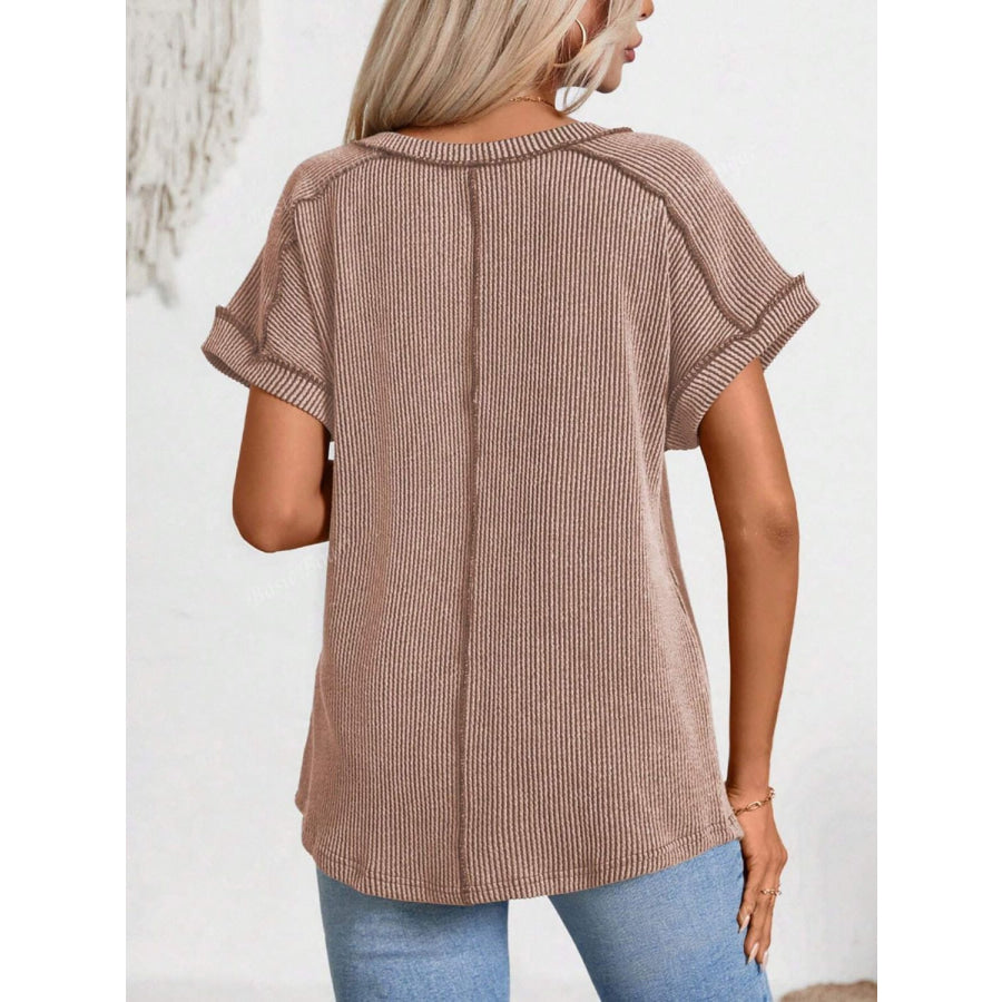 Exposed Seam V-Neck Short Sleeve Top Apparel and Accessories