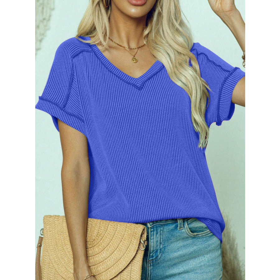 Exposed Seam V-Neck Short Sleeve Top Blue / S Apparel and Accessories