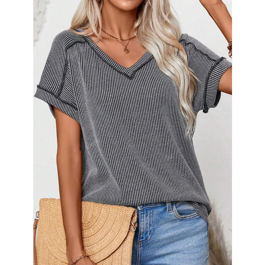 Exposed Seam V-Neck Short Sleeve Top Dark Gray / S Apparel and Accessories