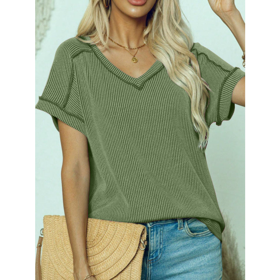 Exposed Seam V-Neck Short Sleeve Top Matcha Green / S Apparel and Accessories