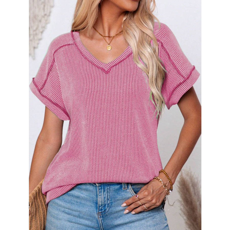 Exposed Seam V-Neck Short Sleeve Top Pink / S Apparel and Accessories