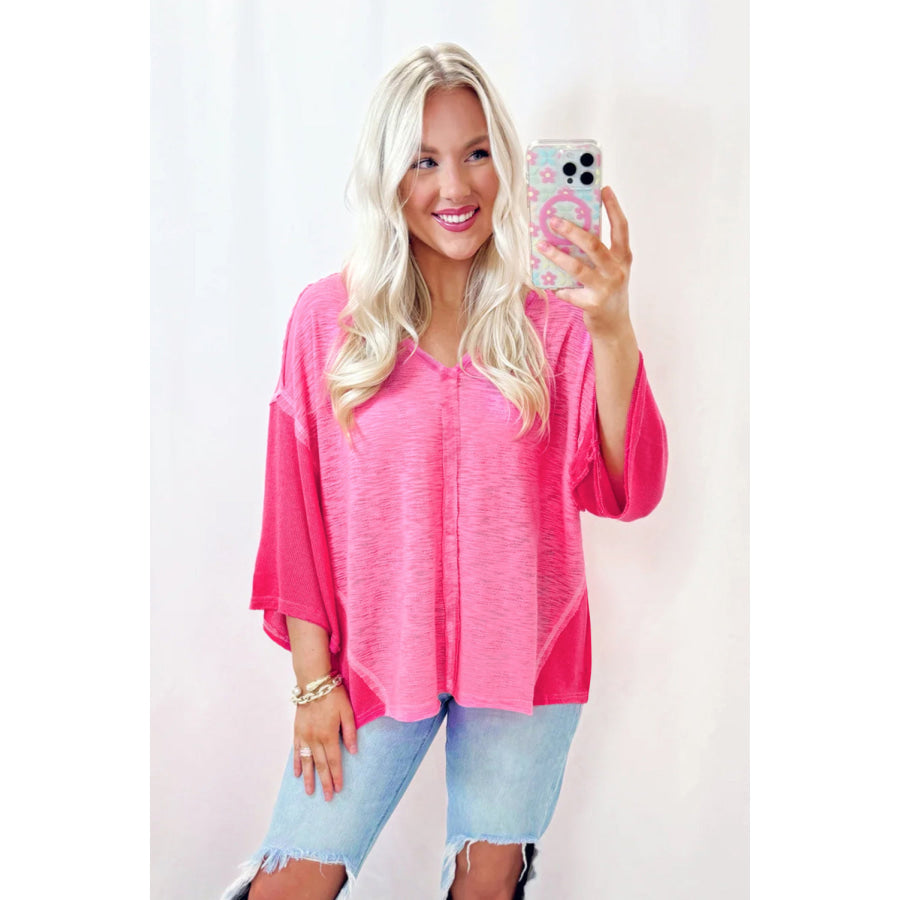 Exposed Seam V-Neck Three-Quarter Sleeve Blouse Apparel and Accessories