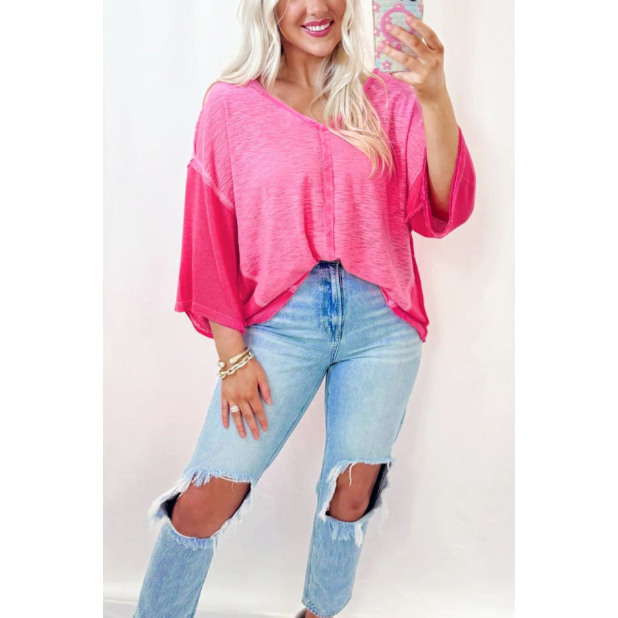 Exposed Seam V-Neck Three-Quarter Sleeve Blouse Apparel and Accessories