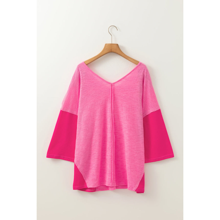 Exposed Seam V-Neck Three-Quarter Sleeve Blouse Apparel and Accessories