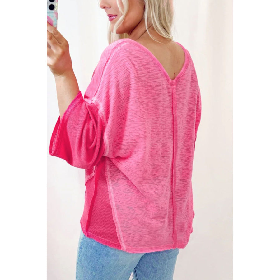 Exposed Seam V-Neck Three-Quarter Sleeve Blouse Hot Pink / S Apparel and Accessories