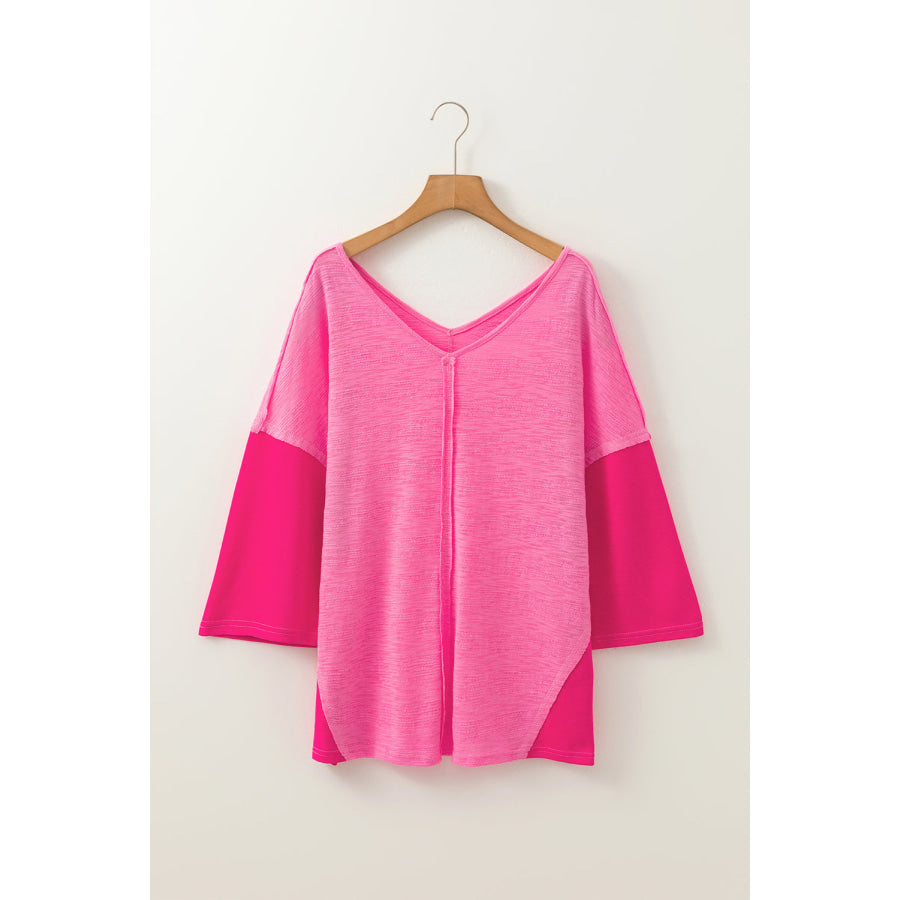 Exposed Seam V-Neck Three-Quarter Sleeve Blouse Apparel and Accessories