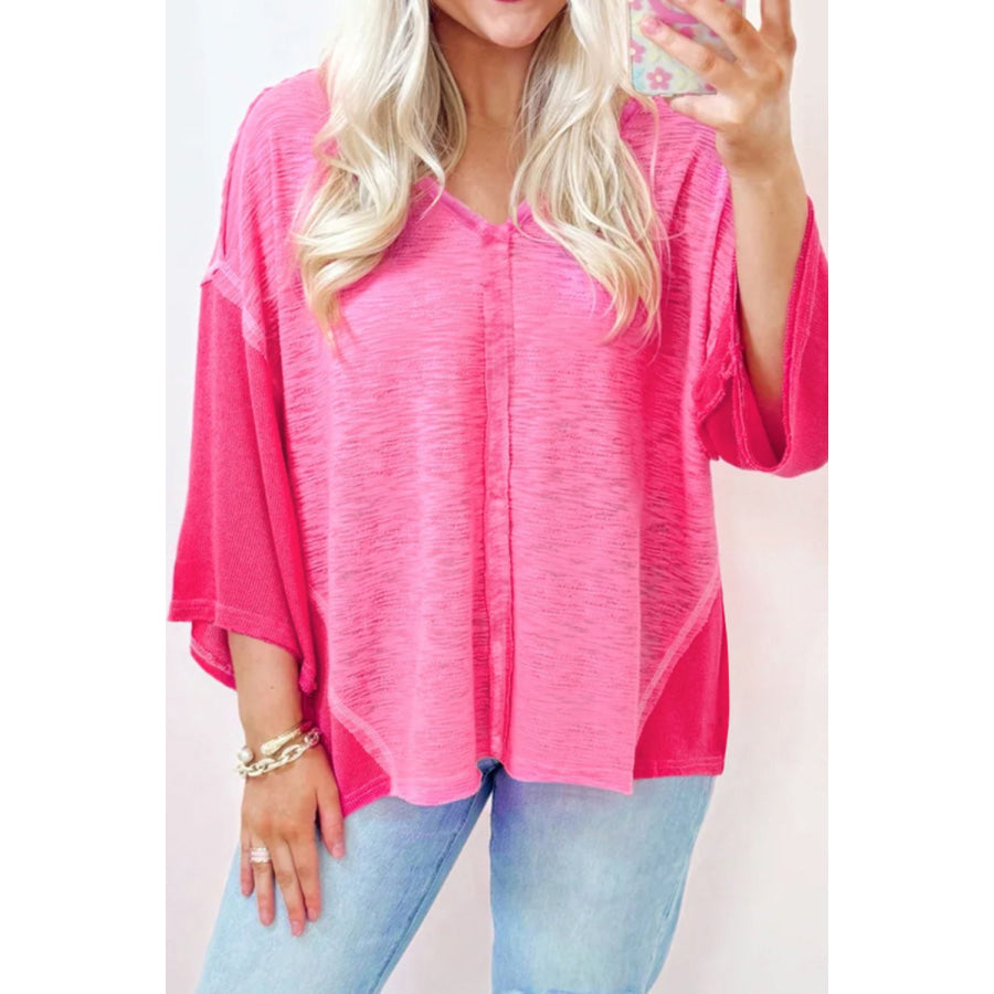 Exposed Seam V-Neck Three-Quarter Sleeve Blouse Hot Pink / S Apparel and Accessories