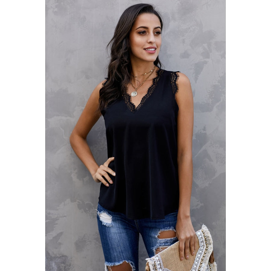 Eyelash Lace V-Neck Tank Top Black / S