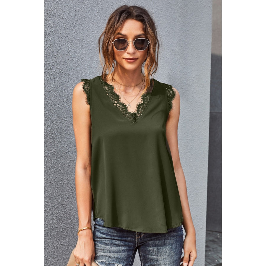 Eyelash Lace V-Neck Tank Top Olive / S