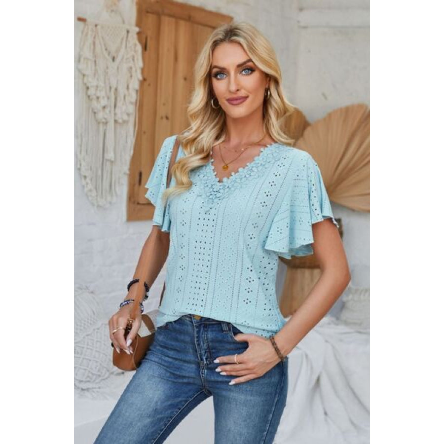 Eyelet Applique V - Neck Cap Sleeve T - Shirt Pastel Blue / S Apparel and Accessories