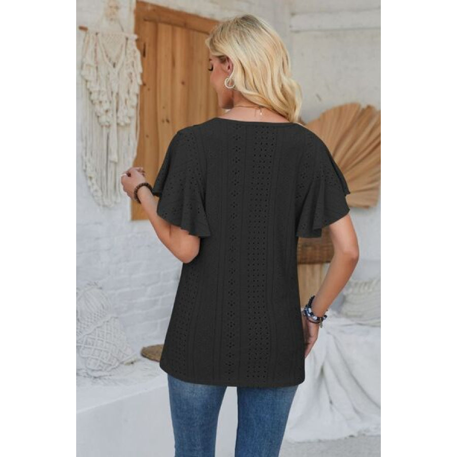 Eyelet Applique V - Neck Cap Sleeve T - Shirt Apparel and Accessories