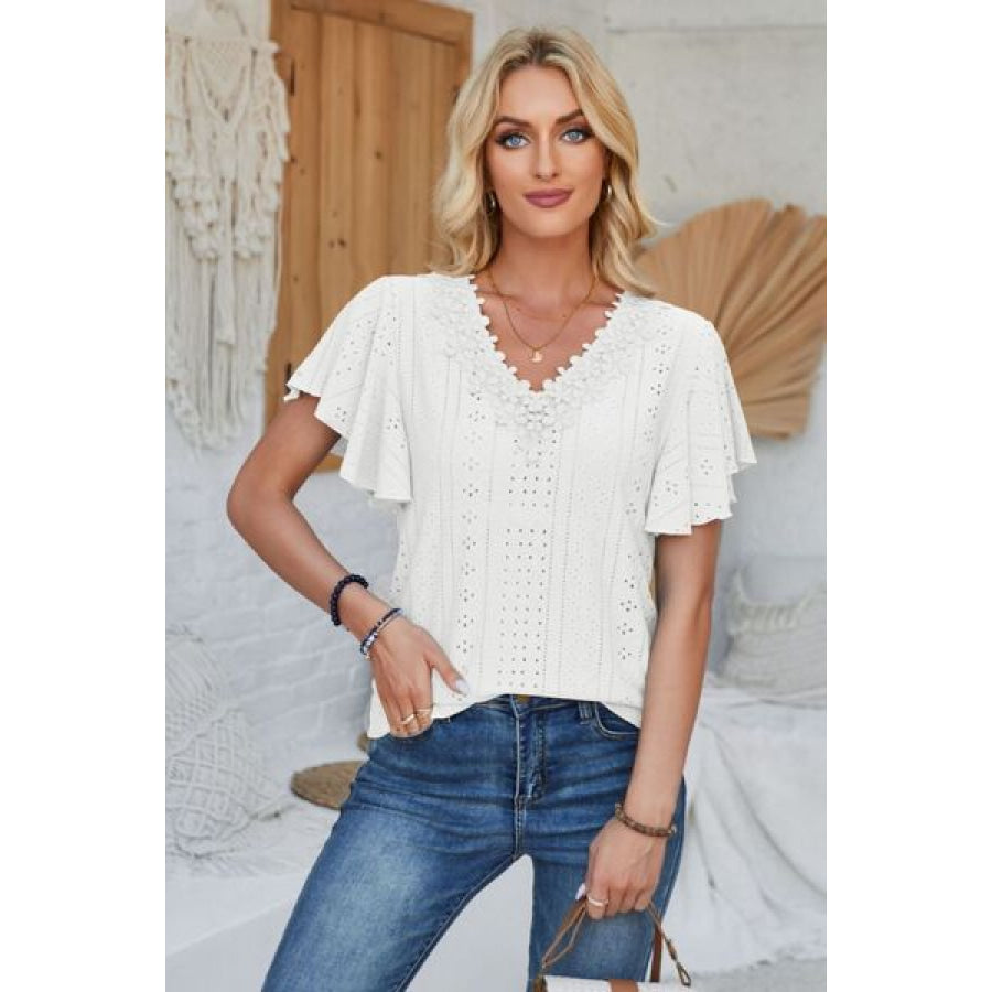 Eyelet Applique V - Neck Cap Sleeve T - Shirt Apparel and Accessories