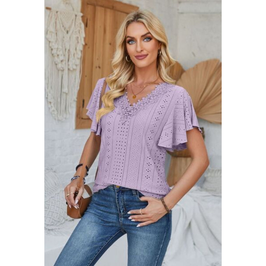 Eyelet Applique V - Neck Cap Sleeve T - Shirt Apparel and Accessories