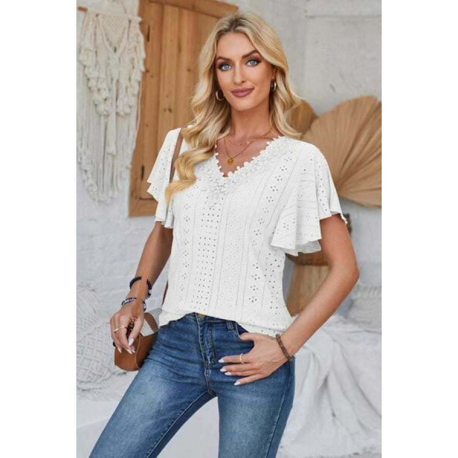 Eyelet Applique V - Neck Cap Sleeve T - Shirt Apparel and Accessories