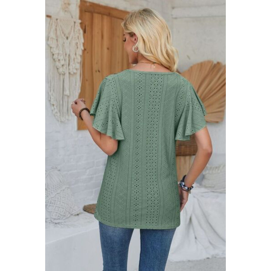 Eyelet Applique V - Neck Cap Sleeve T - Shirt Apparel and Accessories