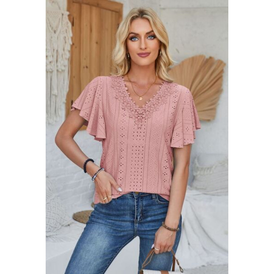 Eyelet Applique V - Neck Cap Sleeve T - Shirt Apparel and Accessories