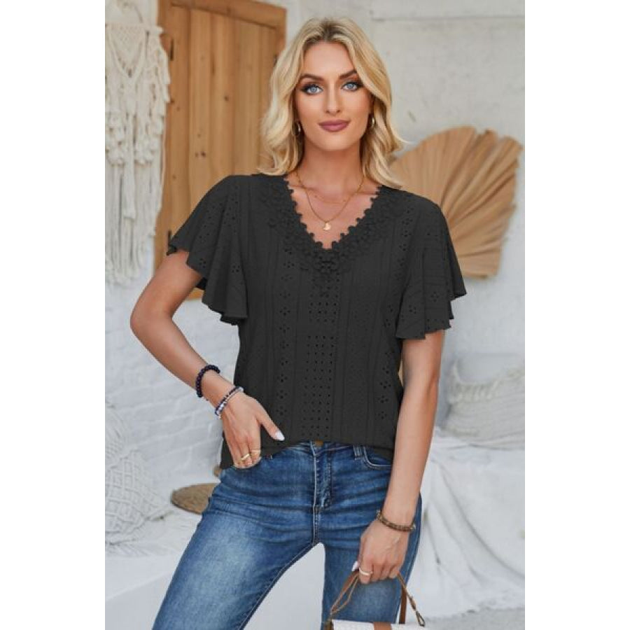 Eyelet Applique V - Neck Cap Sleeve T - Shirt Apparel and Accessories