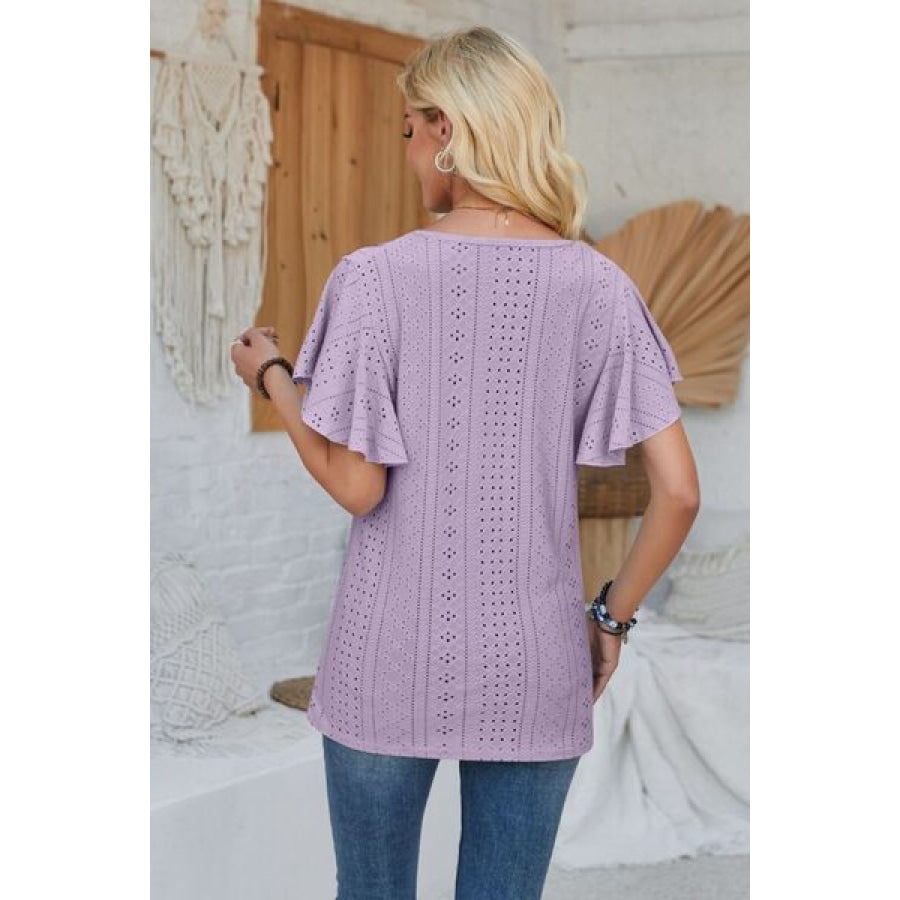 Eyelet Applique V - Neck Cap Sleeve T - Shirt Apparel and Accessories