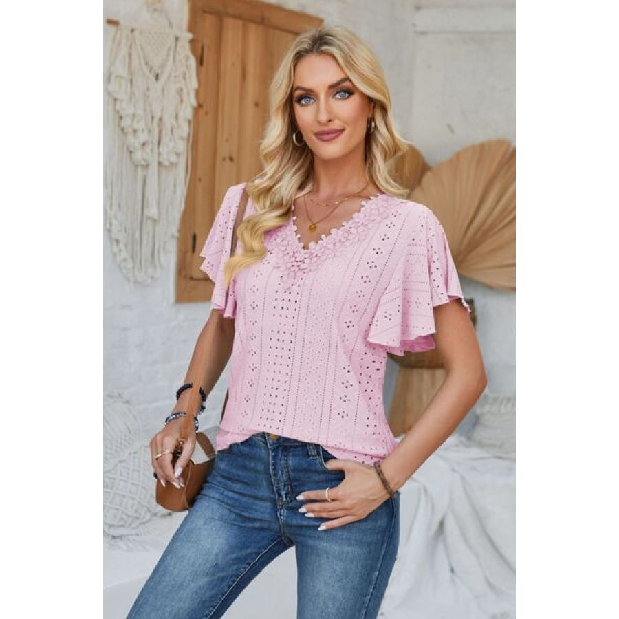 Eyelet Applique V - Neck Cap Sleeve T - Shirt Apparel and Accessories