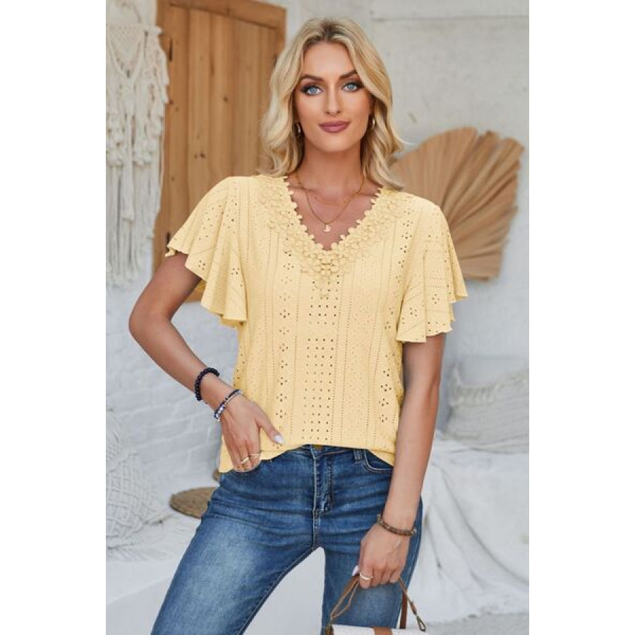 Eyelet Applique V - Neck Cap Sleeve T - Shirt Apparel and Accessories