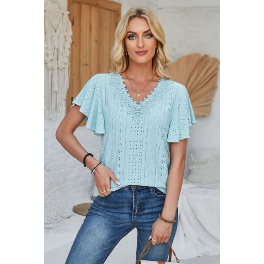 Eyelet Applique V - Neck Cap Sleeve T - Shirt Apparel and Accessories