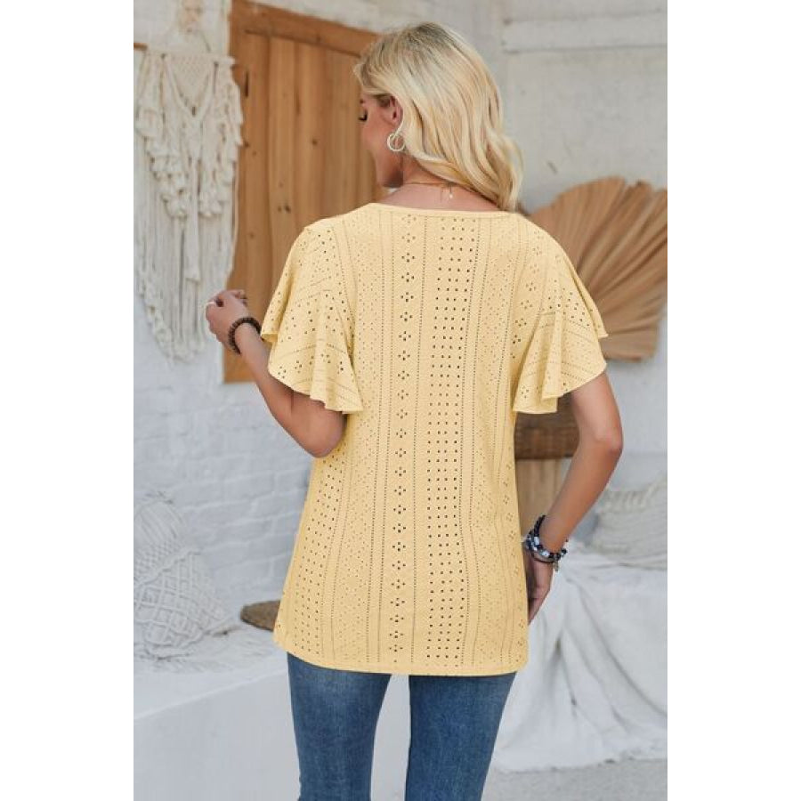 Eyelet Applique V - Neck Cap Sleeve T - Shirt Apparel and Accessories