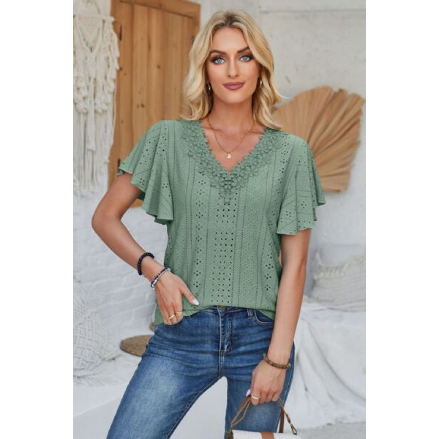 Eyelet Applique V - Neck Cap Sleeve T - Shirt Apparel and Accessories