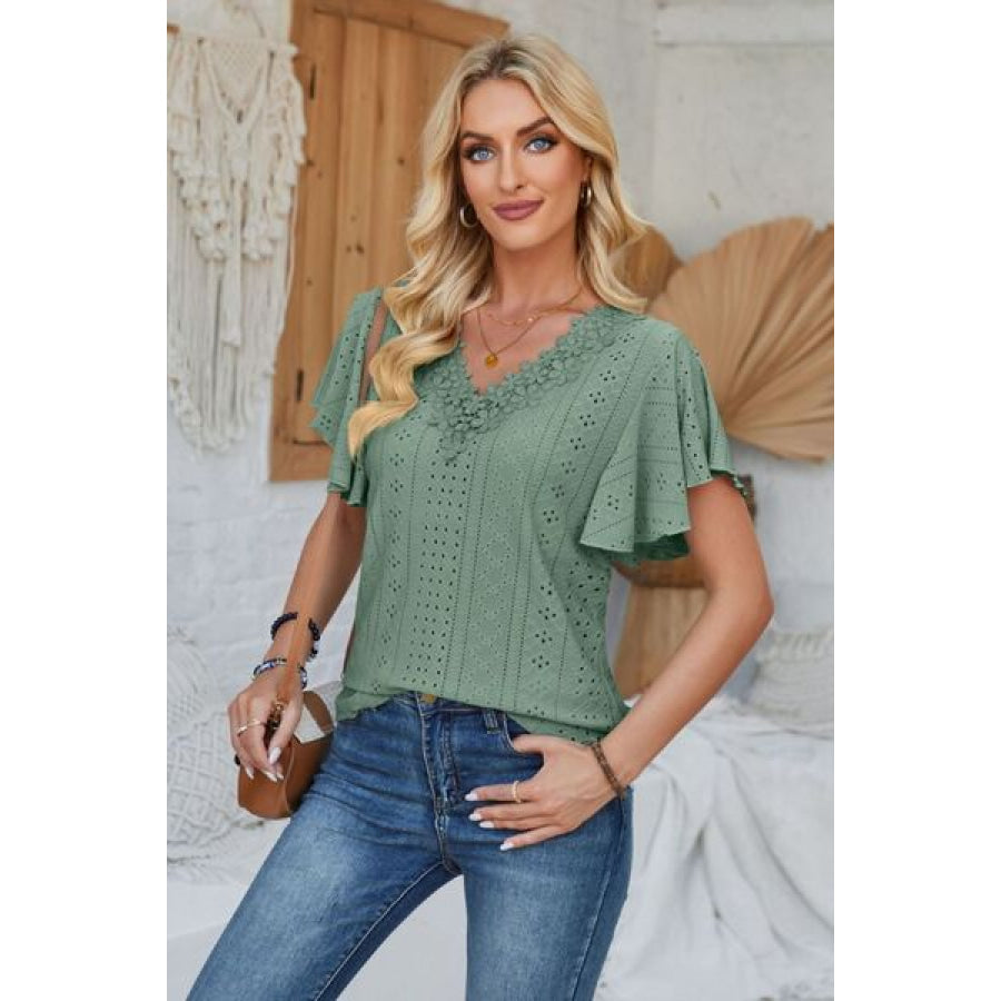 Eyelet Applique V - Neck Cap Sleeve T - Shirt Apparel and Accessories