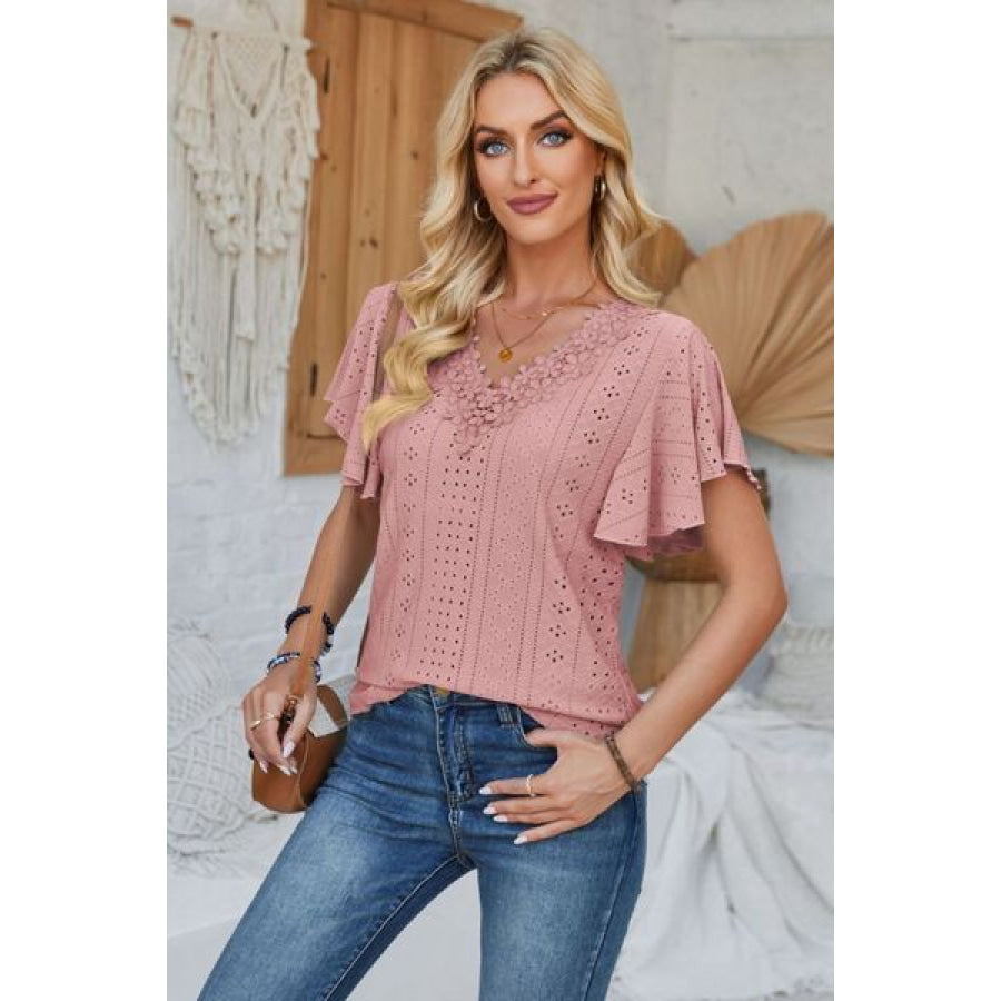 Eyelet Applique V - Neck Cap Sleeve T - Shirt Apparel and Accessories